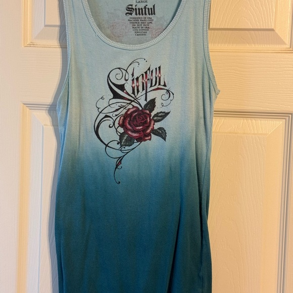 Sinful Teal Ombre Tank with Rose Motif - Picture 1 of 3